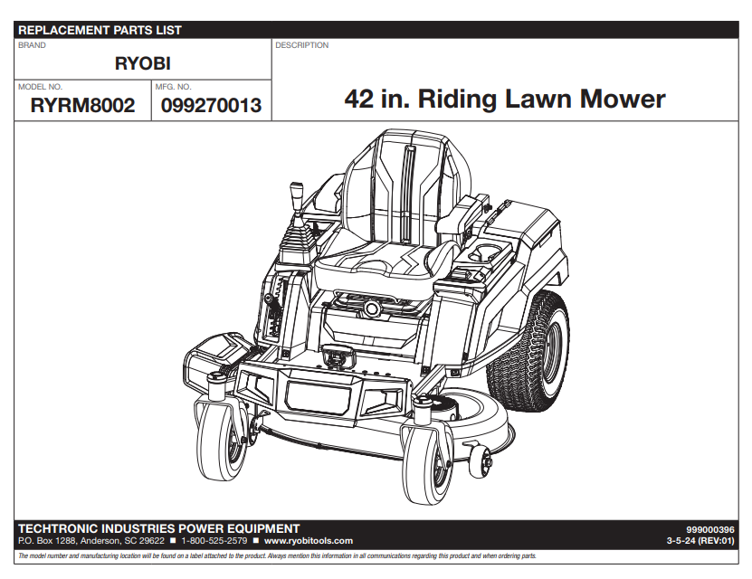 RYRM8002 Parts List for Ryobi 42" Riding Lawn Mower
